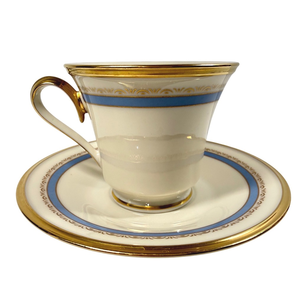 LENOX "Memories" Fine China Tea Cup and Saucer Set Blue Band Gold Trim USA
